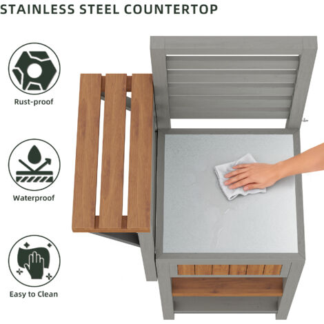 Armoire de cuisine en bois, résistante à l’humidité – Armoire pour le rangement des ustensiles, avec une surface de travail en acier inoxydable et un plan de stockage double. (1/5)