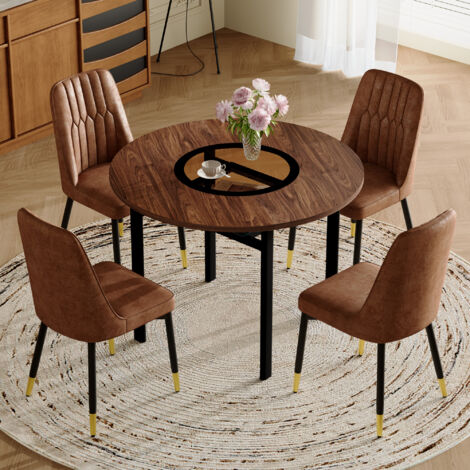 Set de table ronde et minimaliste moderne (comprenant 4 fauteuils en tissu marron avec pieds métalliques noirs). La table est ronde, avec un diamètre de 100 cm. Elle est conçue dans un style bois. (1/5)