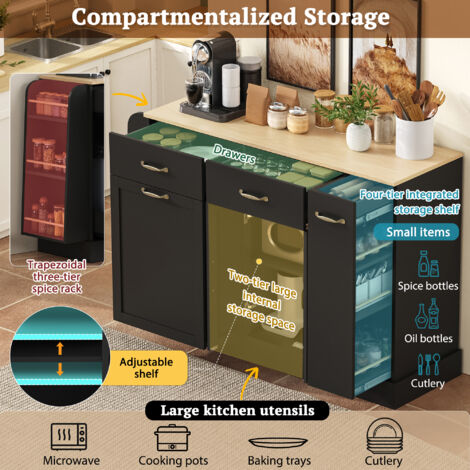 Meuble de cuisine moderne, doté de divers tiroirs. Meuble de rangement pour les déchets. Etagere extérieure pour les épices, idéale pour le salon, la salle à manger et la cuisine. Couleur noire. (1/5)