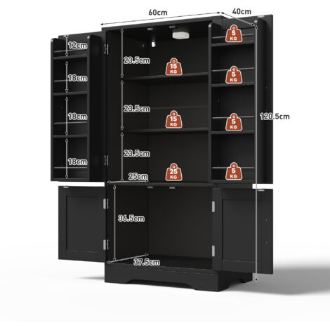 Armoire de cuisine de dimensions 120x60x40 cm, équipée d’une lumière LED. C’est une grande armoire à quatre portes, dotée de plateaux de rangement réglables et de dispositifs permettant de fixer les p (1/5)