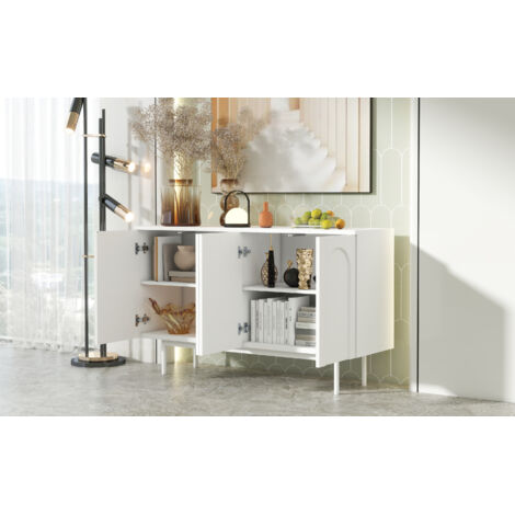 Meuble de style minimaliste moderne, en blanc pur. Il comporte 4 portes disposées en forme de losange. Idéal pour les salles à manger et les salons. Couleur : blanc. (1/5)