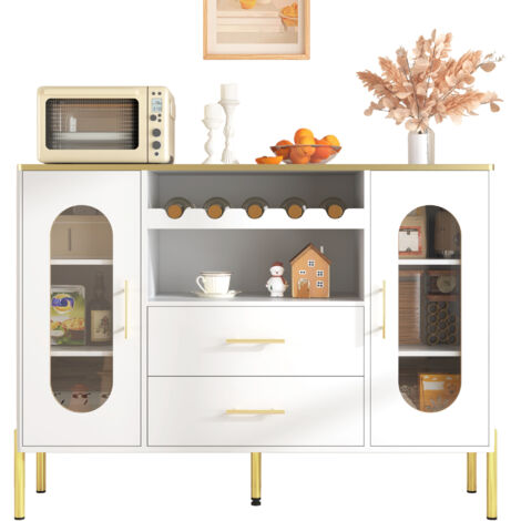 Meuble de cuisine blanc, fenêtres en verre et étagère pour les vins. Meuble adapté à la cuisine et au salon. Pieds réglables. De nombreuses possibilités d’organisation des objets, avec un design moder (1/5)