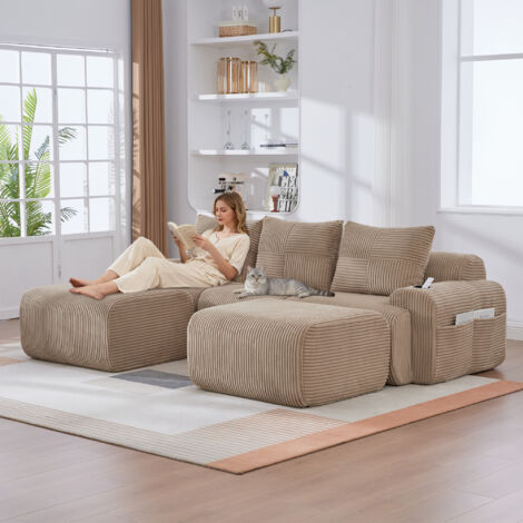 Modulaire Cordsofa pour 3 personnes (avec 2 tabourets).Inclut des supports pour les boissons et un compartiment de rangement sur le côté. Idéal pour les salons, les chambres à coucher et autres pièces (1/5)