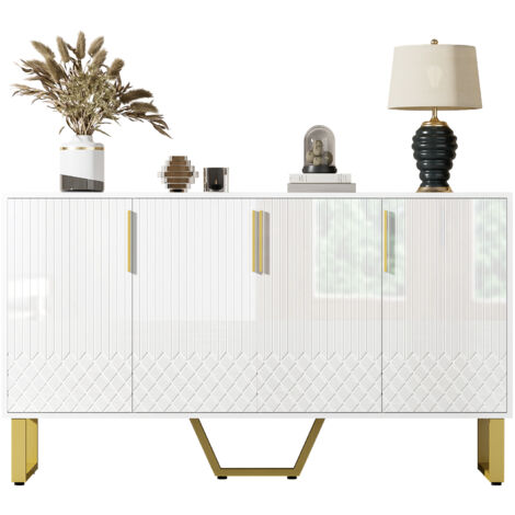 Table de côté en verre poli, 4 portes, poignées et pieds en métal. Design géométrique dans la couleur blanche. Capacité : 140 L × 40 B × 80 H. (1/5)
