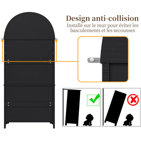 Armoire de rangement à arches élevées, avec des tiroirs et des portes. Portes de rangement à arches élevées, indépendantes, destinées à la cuisine et au salon. Étagères en bois noir, avec un espace d’ (1/5)