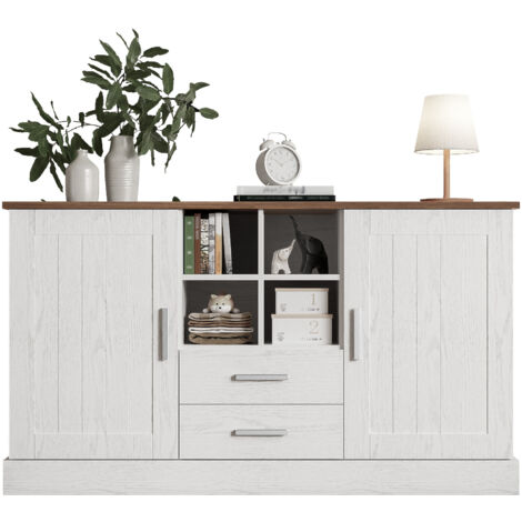 Compartiment de rangement de 140 x 40 x 79,5 cm. Couleur du bois : blanc et marron. Il comporte 2 portes et 2 tiroirs. (1/5)