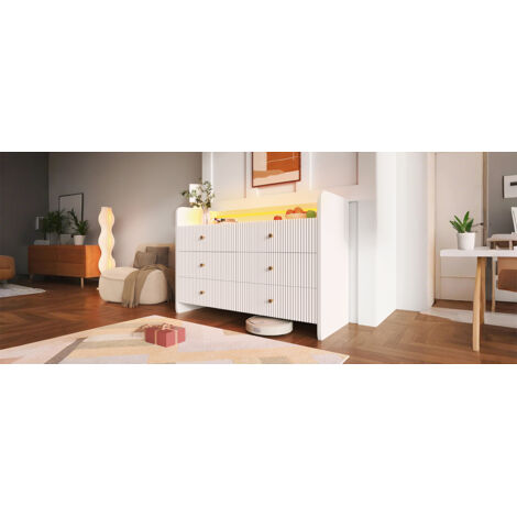 Armoire, avec éclairage LED et 6 tiroirs. Design en forme de vague. Meuble moderne pour le salon et la chambre à coucher. Dimensions : 120x40x75 cm. Couleur blanche. (1/5)