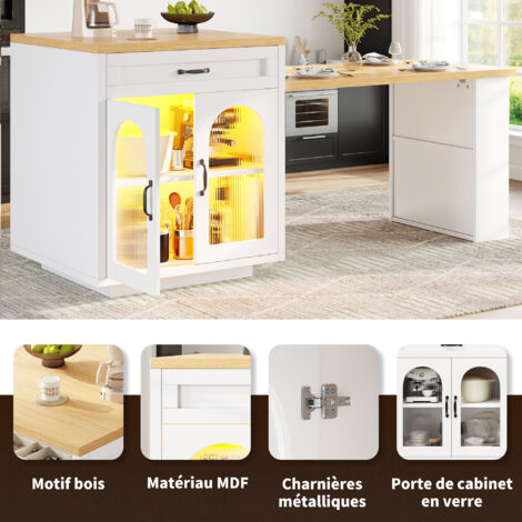 Isoloir de cuisine extensible, avec éclairage LED. Meuble de cuisine moderne, Meuble de rangement avec des portes en verre à encoches. Planche de travail de MDF pour la salle à manger. (1/5)