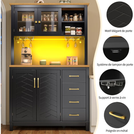 Compartiment de rangement / Meuble de stockage / Meuble de cuisine / Meuble pour les plats, dimensions : 105,5 x 40 x 180 cm. Style rustique. 4 portes. Éclairage LED intégré. Espace pour les boissons. (1/5)