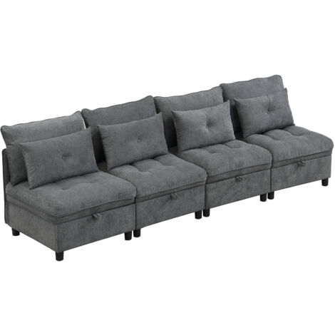 Sofa modulable pour 4 personnes, avec des accoudoirs. Il est possible de combiner les éléments à volonté. Il y a également un espace de rangement sous tous les coussins. La literie est en tissu Chenil (1/5)