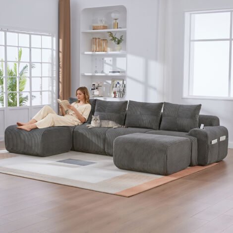 Modulaire : Cordsofa pour 4 personnes (avec 2 tabourets). Il est possible de combiner les éléments à volonté. Inclut des compartiments pour les boissons et un espace de rangement sur le côté. Idéal po (1/5)