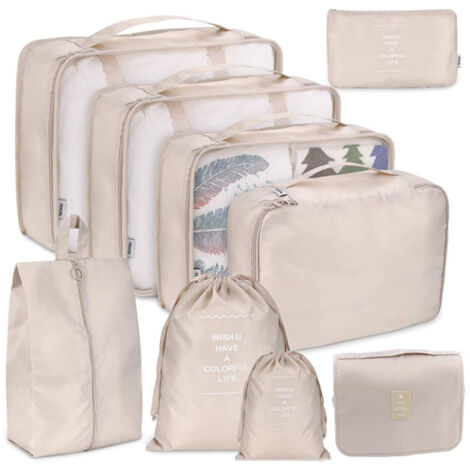 Ensemble de rangement étanche 9 pièces, boîte de rangement pour bagages, sac de rangement, sac de rangement pour vêtements et chaussures-beige (1/5)