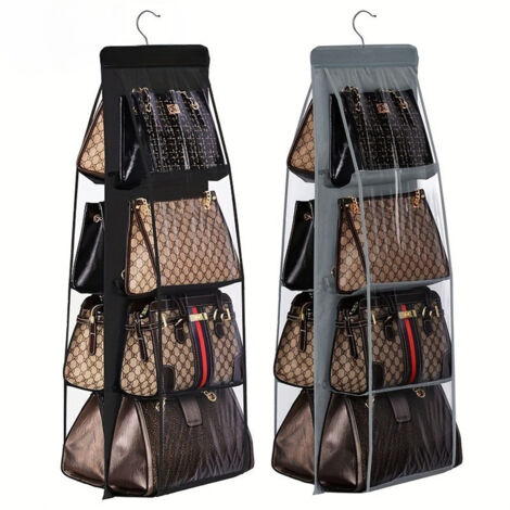 LEDANDER Lot de 2 organiseurs de sacs à main suspendus pour placard, 8 poches, sac à poussière pour sac à main pour femme (noir et gris), 110 x 34 cm (1/5)