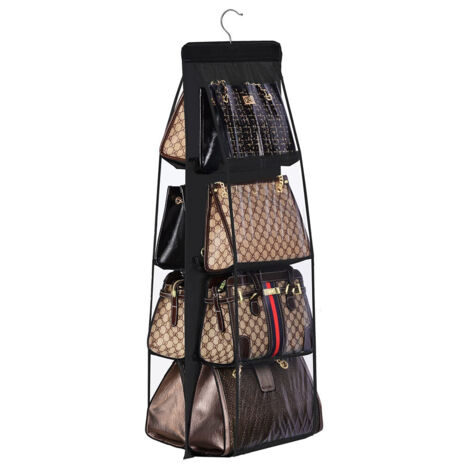 LEDANDER Sac de rangement suspendu pour sac à main, 8 poches transparentes, sac à poussière, support pour sac à main, sac en tissu suspendu, noir, 110 x 34 cm (1/5)