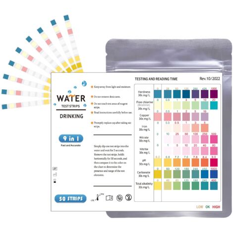 50 bandelettes de test pH 9 en 1 pour piscine et spa, bandelettes de test pour aquarium, bandelettes de test pour piscine (1/5)
