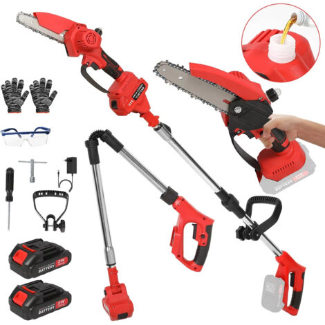 Scie d'élagage sans fil pour branches hautes, tronçonneuse électrique, tronçonneuse de taille de haies de jardin avec rallonge, rouge (2 batteries)