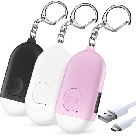 Lot de 3 alarmes personnelles, alarme de poche rechargeable, sirène d'autodéfense 130 dB avec lumière LED, étanche IP44 (rose + blanc + bleu) (1/5)