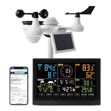 SIENTICE Station météo WiFi 7-en-1-Station météo WiFi intérieure et extérieure-Écran couleur de 7,5 pouces pour prévisions météo, température, humidité, UV, pression atmosphérique, vitesse et directio (1/5)