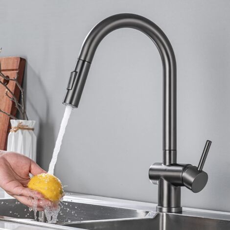 Robinet de cuisine avec douchette extractible, mitigeur d'évier en acier inoxydable, pivotant et rétractable - Gris (1/5)