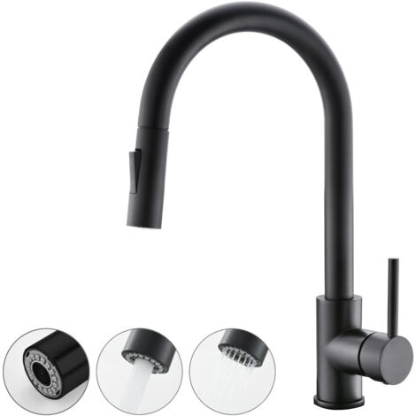Robinet d'évier noir monotrou, robinet de cuisine à bec haut en acier inoxydable avec douchette extractible, adapté aux éviers de bar, de ferme ou de cuisine monotrou. (1/5)