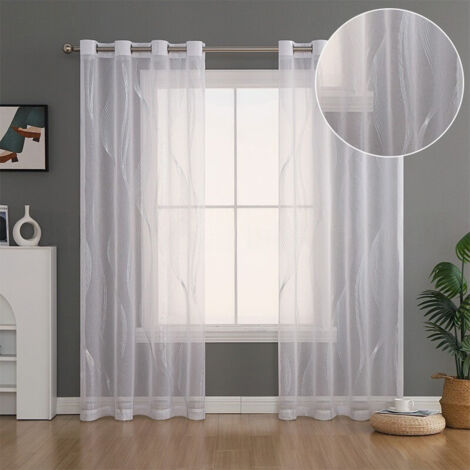 Rideaux blancs transparents en deux parties, voilages translucides, 132 cm x 160 cm, avec anneaux métalliques, adaptés aux salons. (1/5)