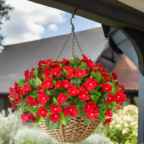 Impatiens artificielles de 40 cm, plantes artificielles d'extérieur, jardin, porche, balcon, décorations de mariage, 4 plantes (rouges) (1/5)
