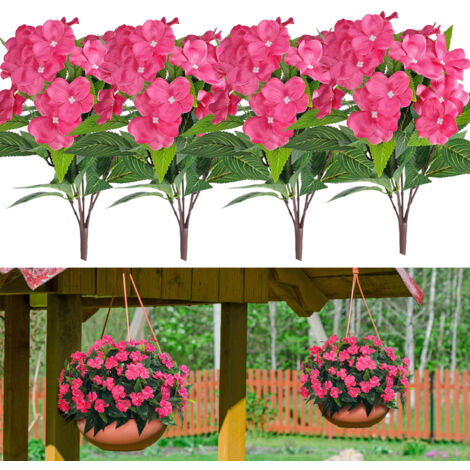 Quatre plantes impatiens artificielles, de couleur rouge rose, pour la décoration extérieure sur terrasses, balcons, paniers suspendus et vérandas (1/5)