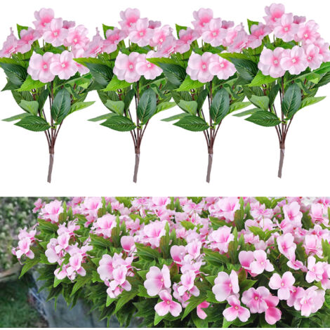 4 arbustes d'impatiens artificiels, fleurs artificielles, plantes simulées, jardin d'intérieur, bureau, décorations de mariage, rose. (1/5)