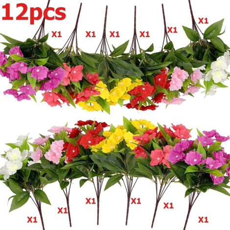 Lot de 11 fleurs artificielles d'extérieur – Bouquet de fausses impatiens –résistantes aux UV – our les jardins de printemps et d'été – Multicolore (1/5)