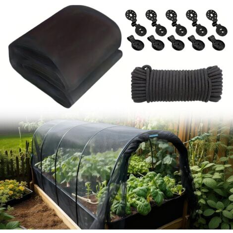 Moustiquaire de jardin extérieure 2,4 x 6 m avec clips et corde - Filet anti-oiseaux, filet anti-insectes respirant en polyester - Noir (1/5)