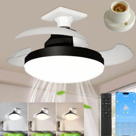 Ventilateur de plafond LED avec télécommande et douille E27, pales rétractables, 4 vitesses de ventilation, contrôle par application, 38 cm, noir. (1/5)