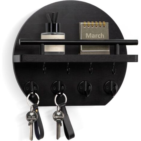 Key Holder for Wall - 9.8 Inch Apartment Wall Decor with Shelf and 8 Key Hooks, Circular Wood Key Hanger for Home Decor (Black) (1/5)