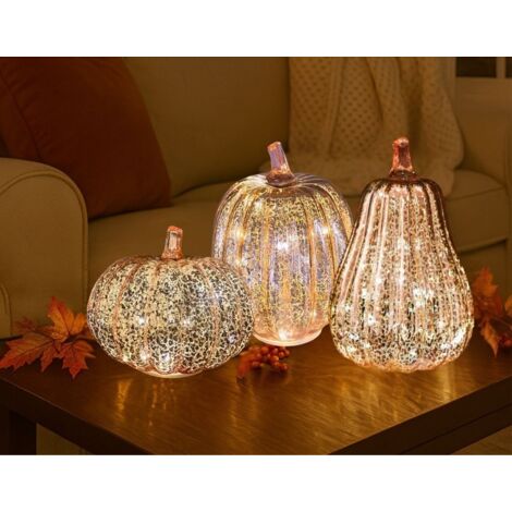Lot de 3 citrouilles décoratives, fausses figurines de citrouilles avec effet scintillant, plastique, pour décoration d'intérieur, or rose (1/5)