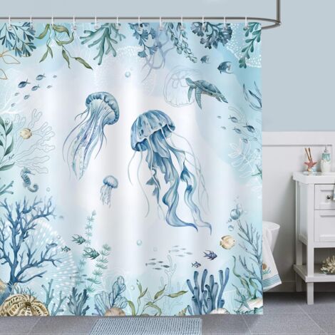 Rideau de douche à motif méduses bleues, résistant à la moisissure et imperméable, en polyester lavable, avec 12 crochets, 200 x 180 cm (1/5)