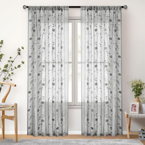 Rideaux voilages deux pièces pour chambre/salon, rideaux en tulle brodé, rideaux occultants semi-transparents, 132x213cm, gris (1/5)