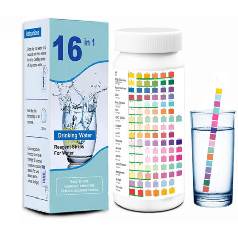 Kit de test d'eau potable, kit de test d'eau domestique, testeur de qualité d'eau 16 en 1, kit de test de 100 bandelettes pour eau potable/piscine (1/5)