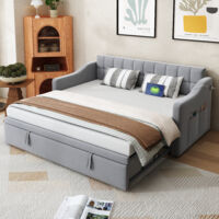 Lit coffre convertible en canapé, multifonctionnel. Dimensions : 90×180×190 cm. Couleur gris clair. Matériau du sommier : velours. Le lit coffre est équipé d’un interrupteur et d’une poche pour ranger