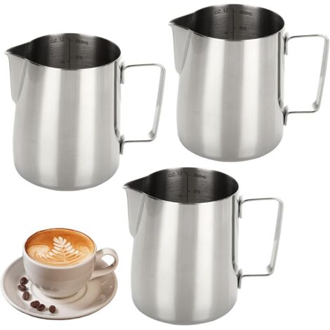 3 Pièces 350ml Pichet à Lait 304 Inox, Pot à Lait avec Marque de Mesure 350 ML/12oz, Pichet a Lait, Pot a Lait Inox pour Mousser le Lait (1/5)