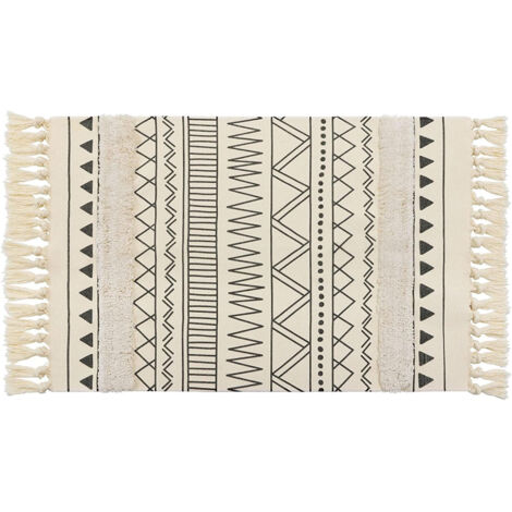 Tapis touffeté à franges noir et blanc motif géométrique 6090cm en coton pour salon et chambre (1/5)