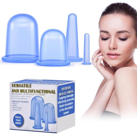 Kit de 4 ventouses en silicone bleu clair en sachet OPP + boîte anglaise neutre pour massage et anti-cellulite (1/5)