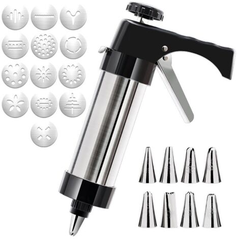 Presse à biscuits en acier inoxydable avec 13 disques et 8 douilles, dans coffret couleur pour pâtisserie (1/5)