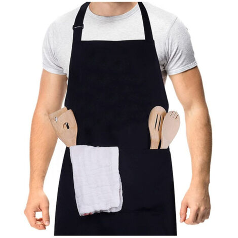 Tablier de cuisine noir 7075cm réglable avec 2 poches protection éclaboussures (1/5)