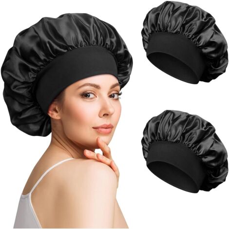 Lot de 2 bonnets de nuit noirs en satin respirant pour protéger cheveux et boucles pendant le sommeil (1/5)