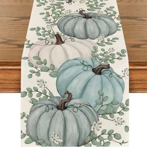 Chemin de table automnal à motif trois citrouilles bleues et eucalyptus, 33 × 183 cm (1/5)