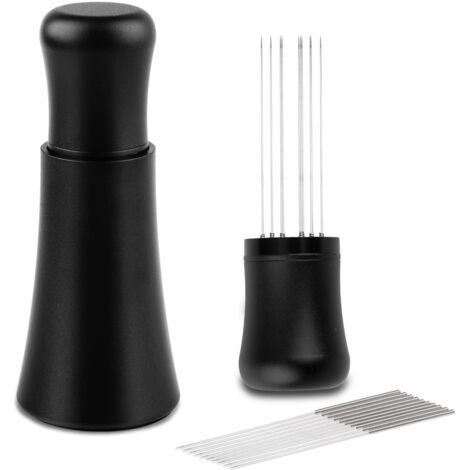 WDT Outil, Outils de Distribution d'Espresso, Agitateur de Café Expresso à 10 Aiguilles de 0,3 mm, Manche en Bois Naturel avec Support (Noir mat) (1/5)