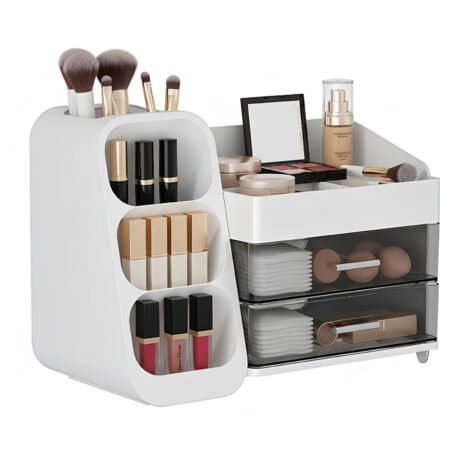 Organisateur de cosmétiques avec tiroirs et porte-pinceaux, 3 en 1, en plastique blanc (1/5)