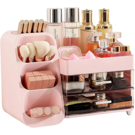 Organisateur de maquillage avec tiroirs, porte-pinceaux, 3 en 1, en plastique rose (1/5)