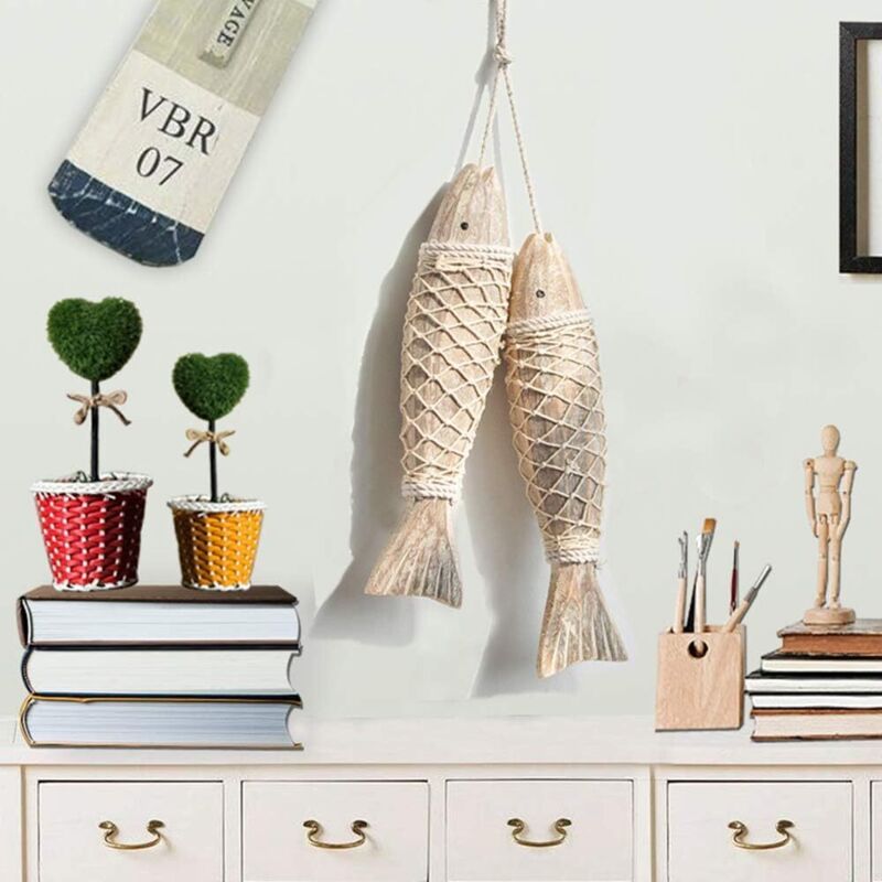 Deux Poissons En Bois Sculpté – Déco Vintage Artisanale – Idéal Pour Table Ou Bureau
