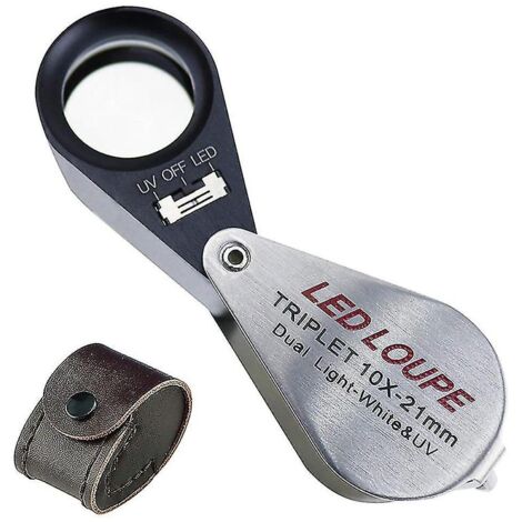 Loupe de bijoutier à grossissement 10x Loupe à triple lentille avec 6 lumières UV LED 21 mm pour pierres précieuses, bijoux, (1/3)