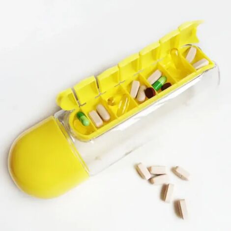Bouteille d'eau de sport avec insert Organisateur de boîte quotidienne de 7 jours Verre à boire de qualité alimentaire de qualité médicale Jaune (1/4)